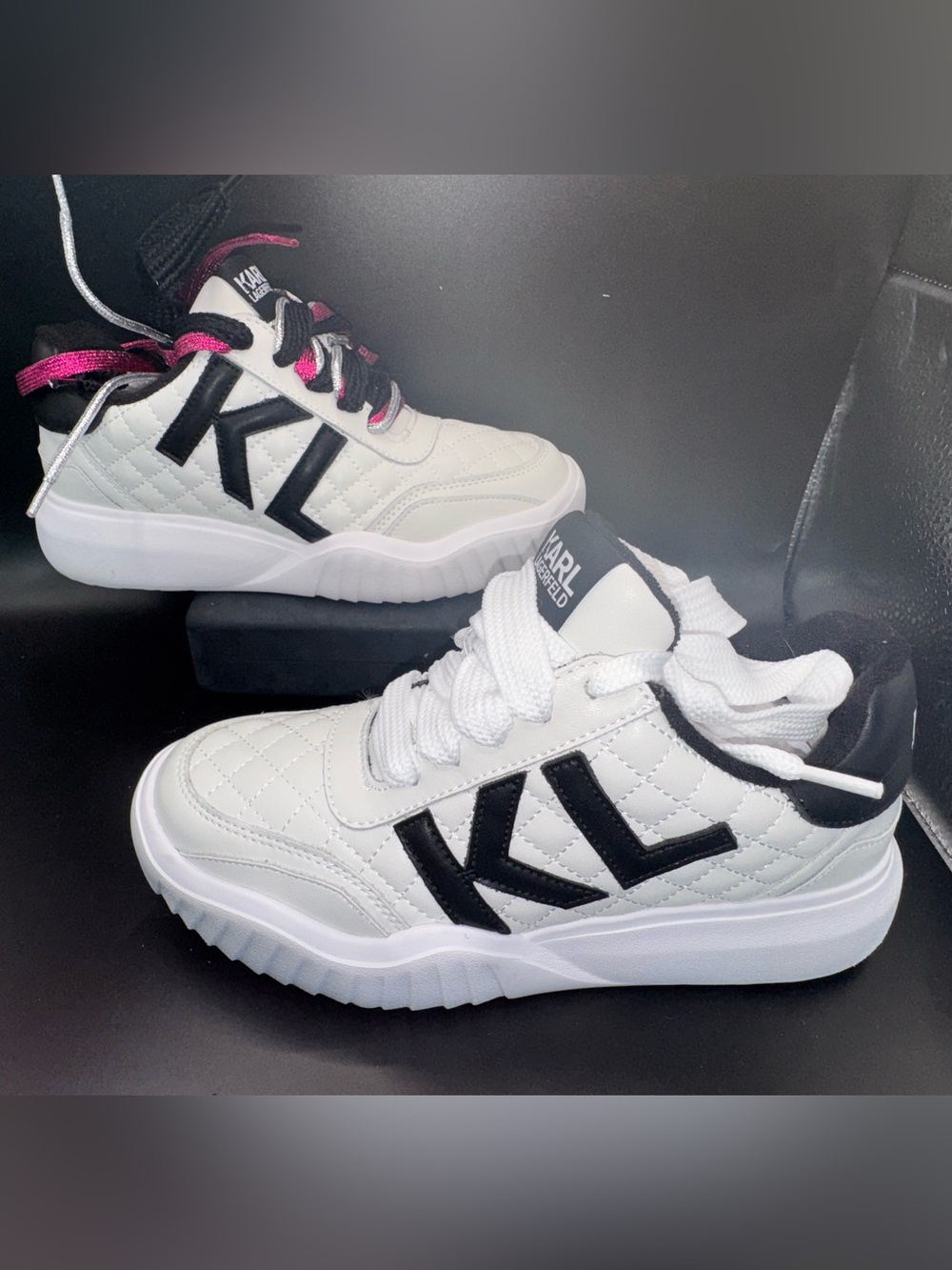 Karl Lagerfeld Paris Quilted Leather Sneakers White/Black Size 7 Women’s NWOT